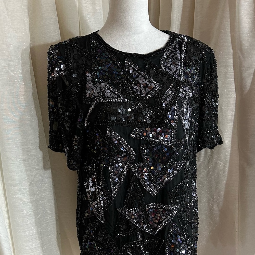 Styleworks sequined black silk, holiday party top, Christmas & New Years!